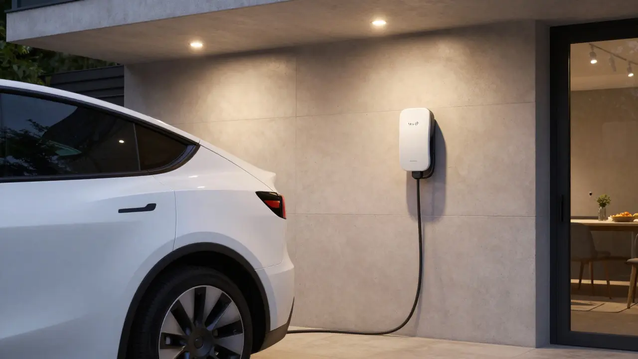 Bílá Tesla Model Y nabíjená pomocí domácí stěnové nabíječky Wallbox v garáži.