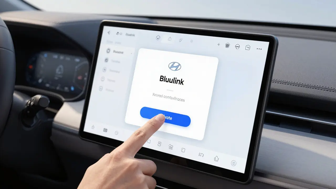 Detail displeje infotainmentu v autě Hyundai při aktivaci služby Bluelink.
