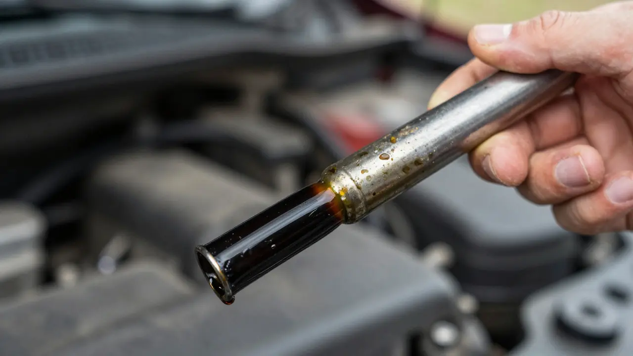 Detail měrky s černým a zhoustnělým motorovým olejem.