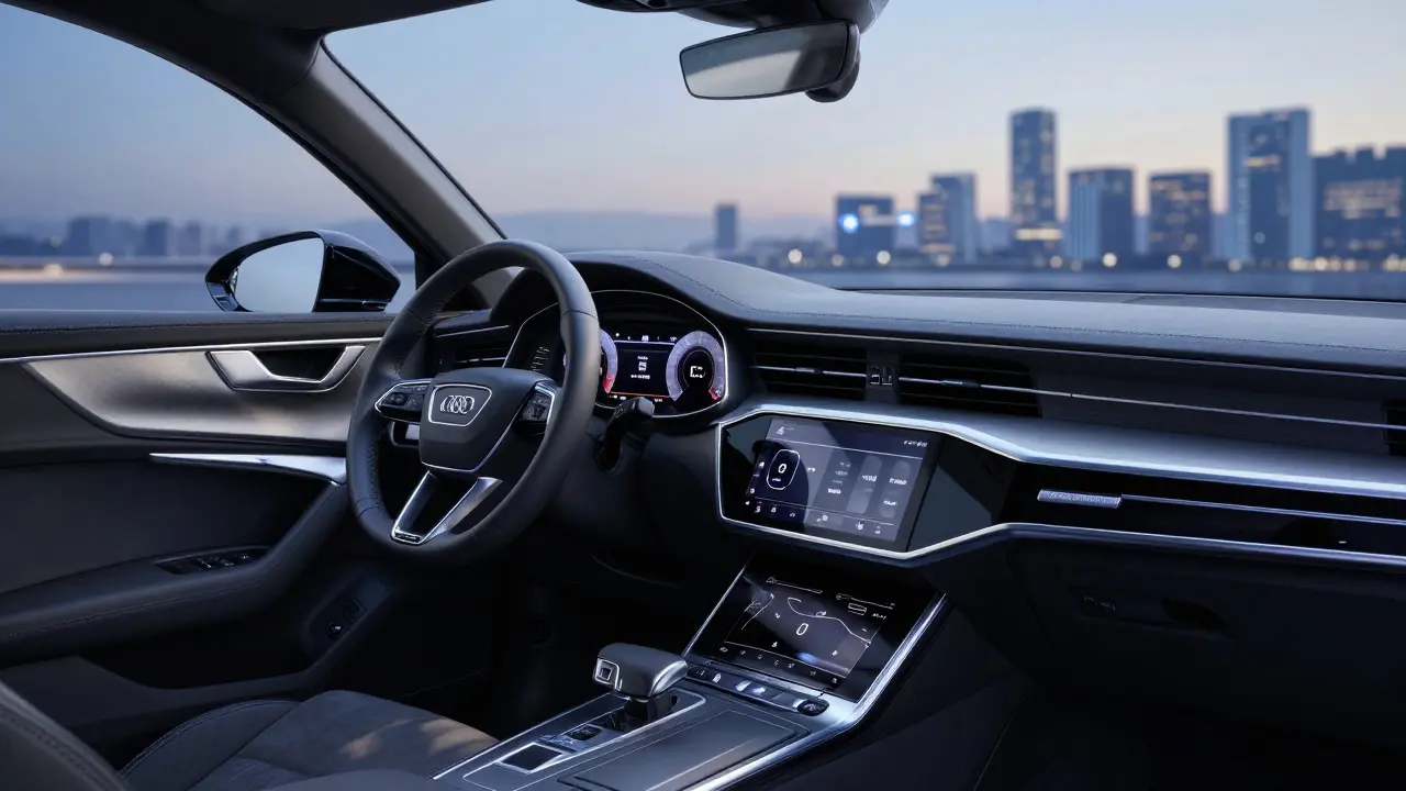 Detail moderního interiéru Audi s digitální přístrojovou deskou.