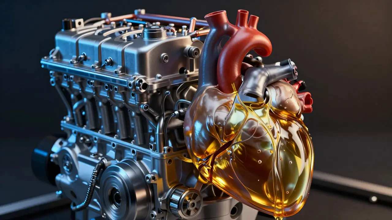 Detail motoru Mazda Skyactiv s vizualizací motorového oleje.