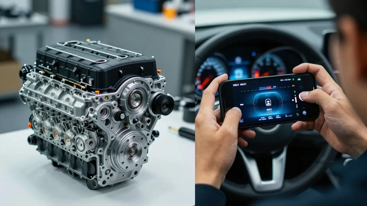 Detail motoru Mercedesu a nahrávání chyby infotainmentu na mobilu.