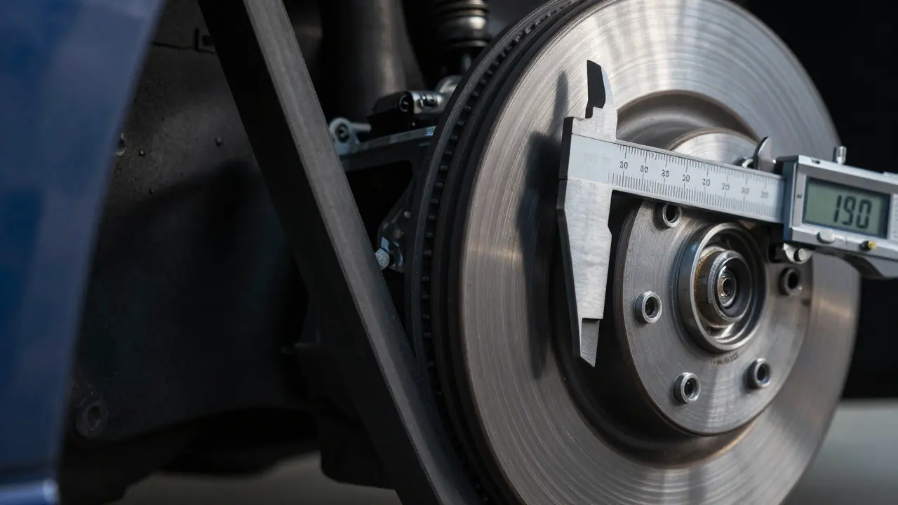 Detail rozvodového řemenu a měření tloušťky brzdového kotouče.