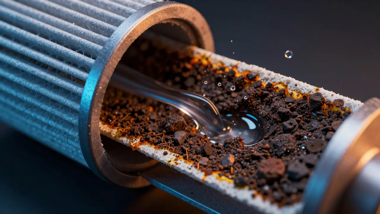 Detailní 3D schéma ucpaného palivového filtru s nečistotami a kapkami vody.