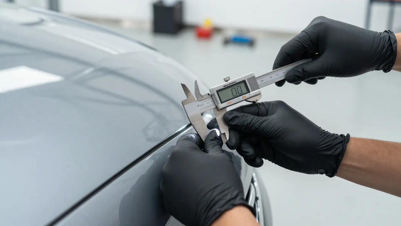 Detailní kontrola spár a karoserie auta při nákupu ojetého vozu.