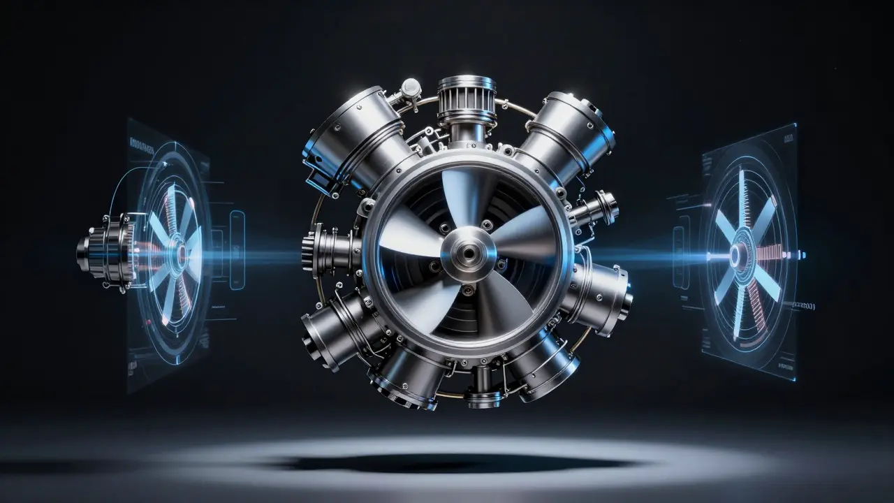 Detailní technická fotografie rotačního Wankelova motoru v futuristickém studiu.