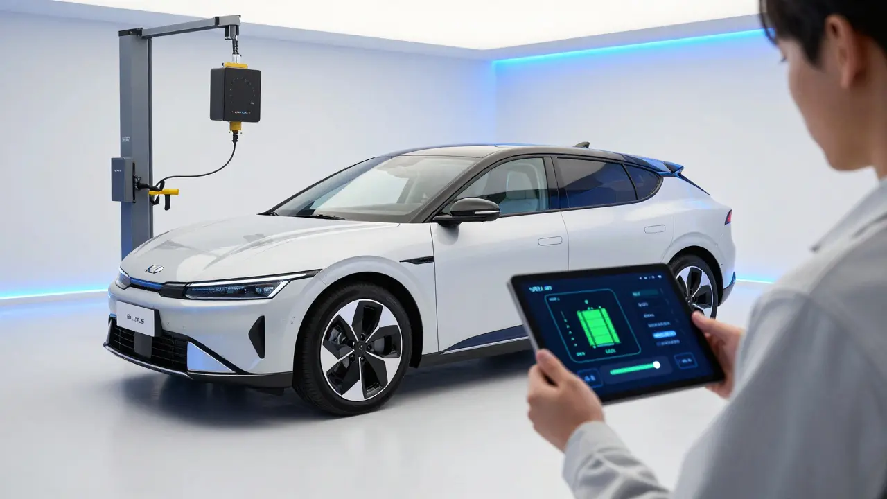 Diagnostika elektromobilu Kia EV6 pomocí tabletu v moderním servisu.