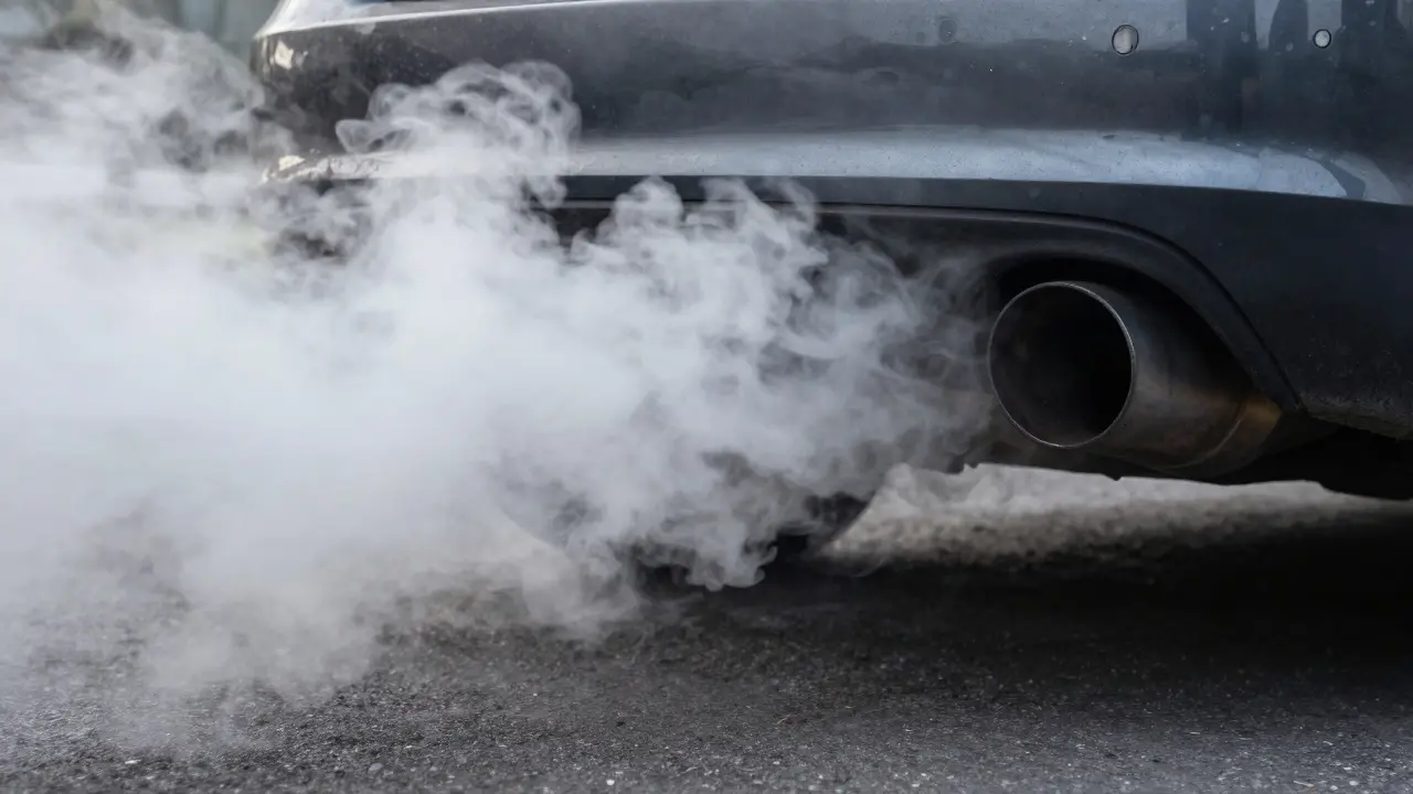 Hustý bílý kouř vycházející z výfuku auta jako varovný signál.