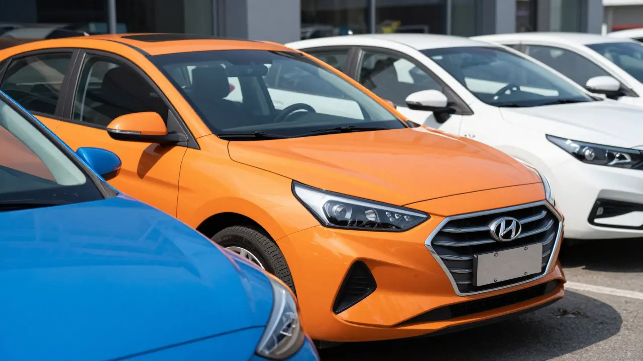 Jasně barevný vůz Hyundai na parkovišti dealerství mezi neutrálními barvami.