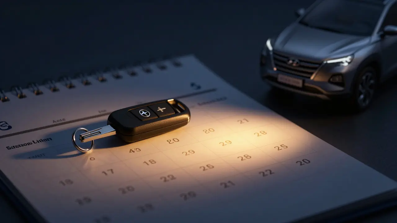 Kalendář s vyznačenými konci kvartálů a klíč od auta Hyundai.