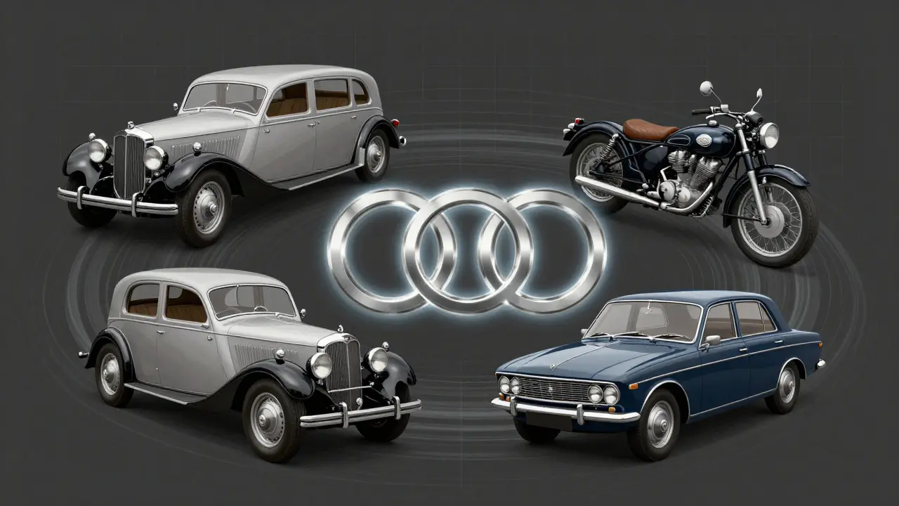Konceptuální obraz spojení čtyř značek v logo Auto Union.