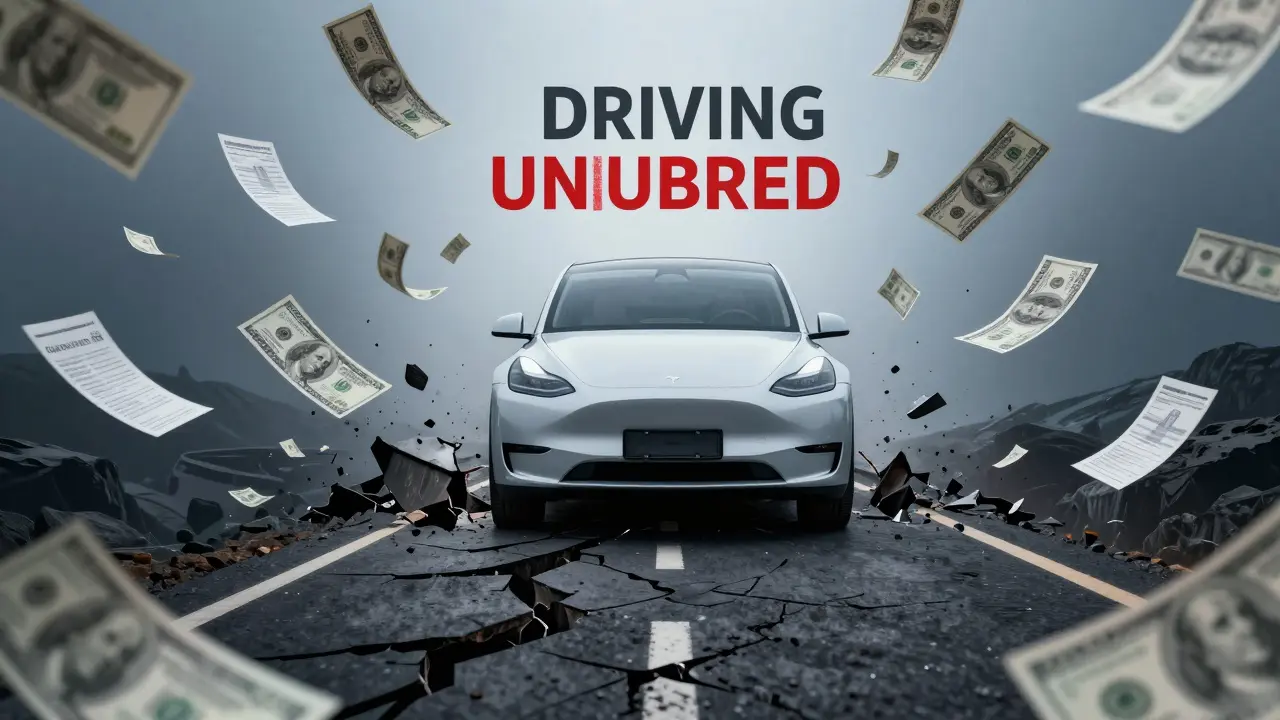 Konceptuální obraz Tesly nad propadající silnicí symbolizující finanční riziko.