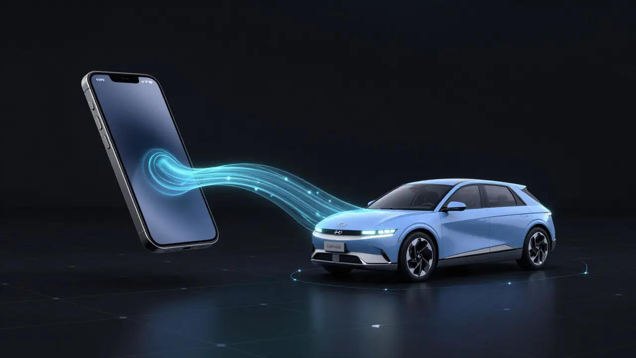 Konceptuální znázornění digitálního propojení mezi chytrým telefonem a autem Hyundai.