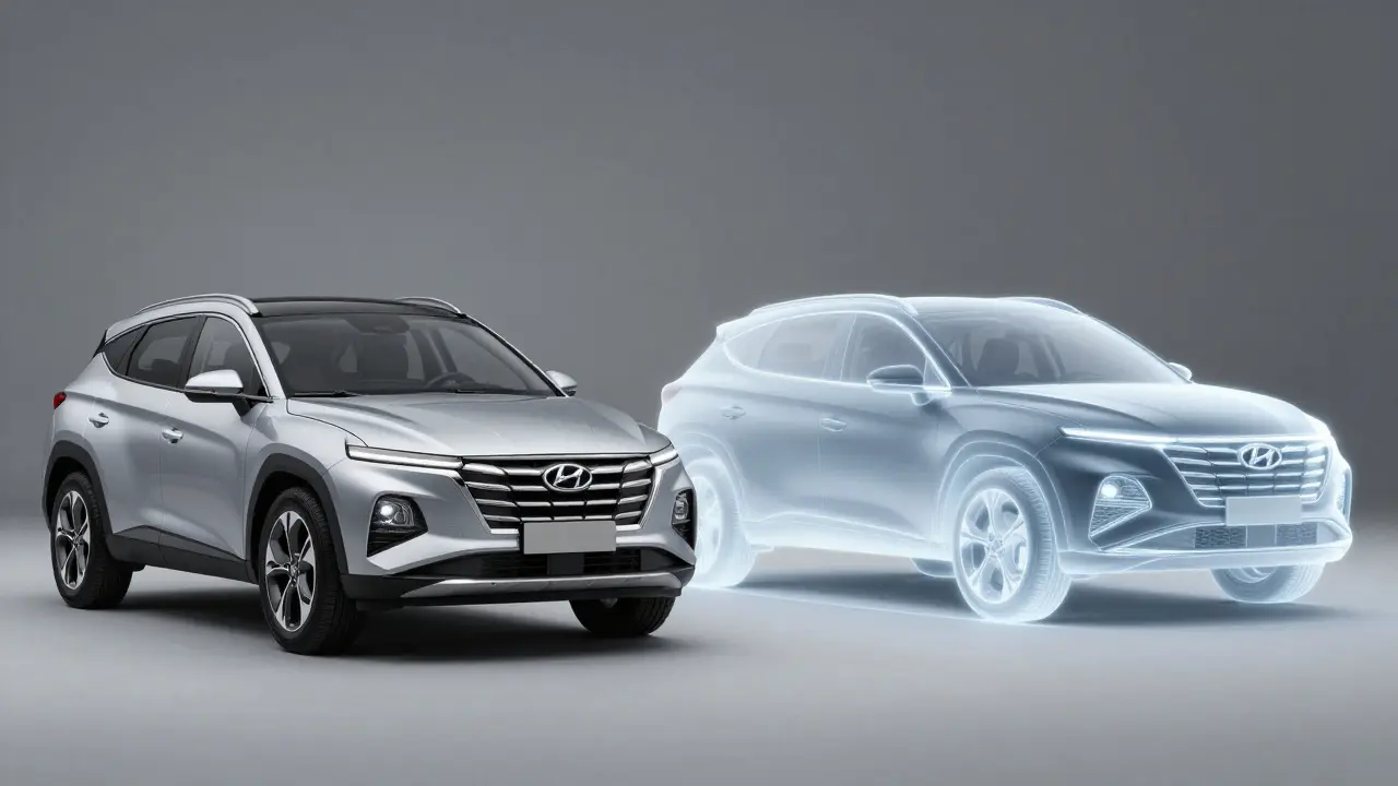 Konceptuální znázornění přechodu mezi starším a novým modelem Hyundai Tucson.
