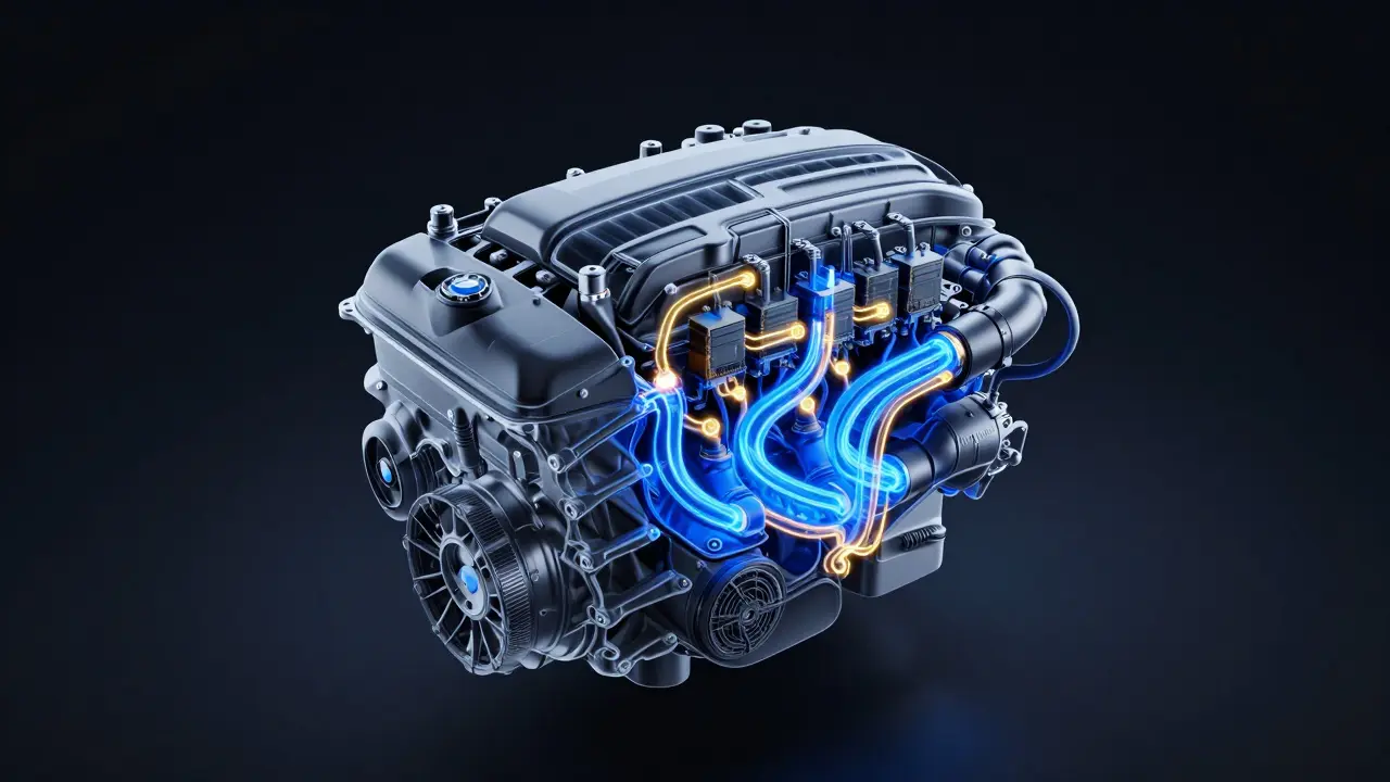 Konceptuální zobrazení chladicího systému a elektroniky motoru BMW.