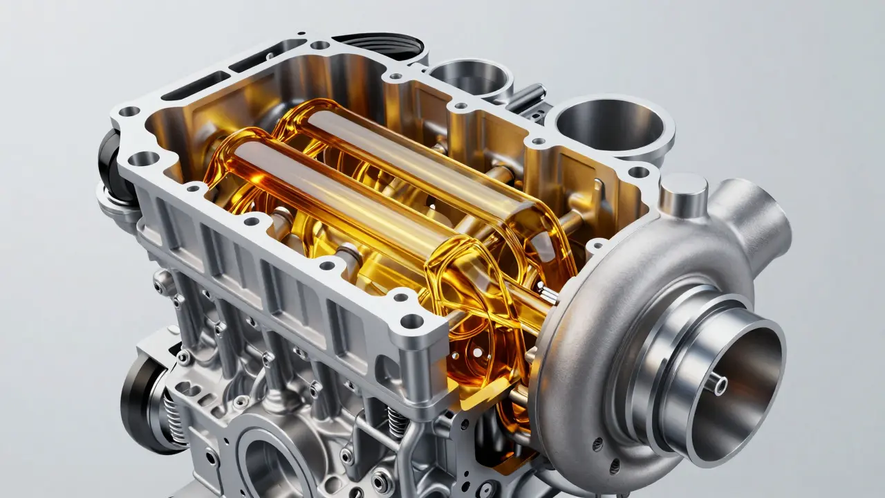 Konceptuální zobrazení promazování motoru Mazda syntetickým olejem.