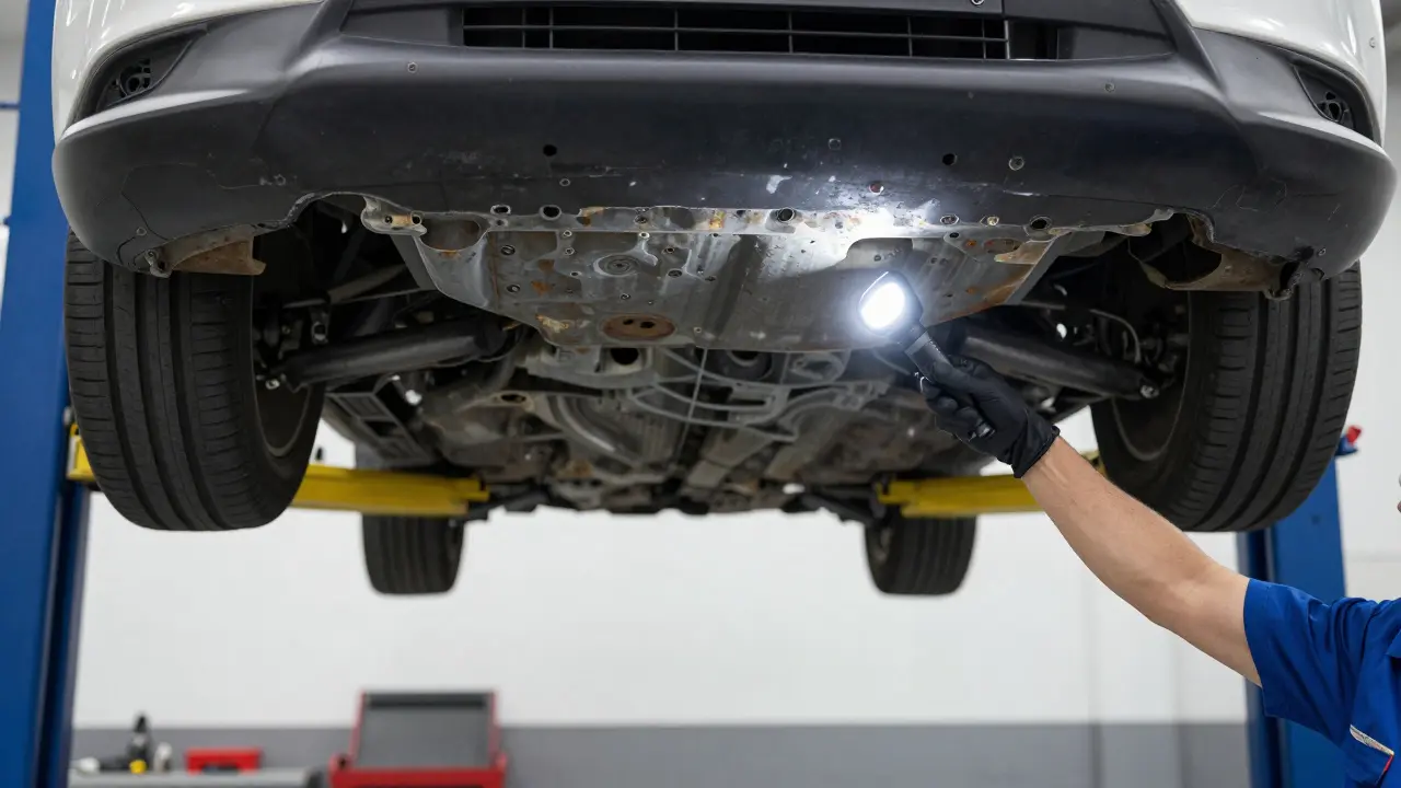 Kontrola spodku vozu Mazda na zvedáku v profesionální auto servisní dílně.