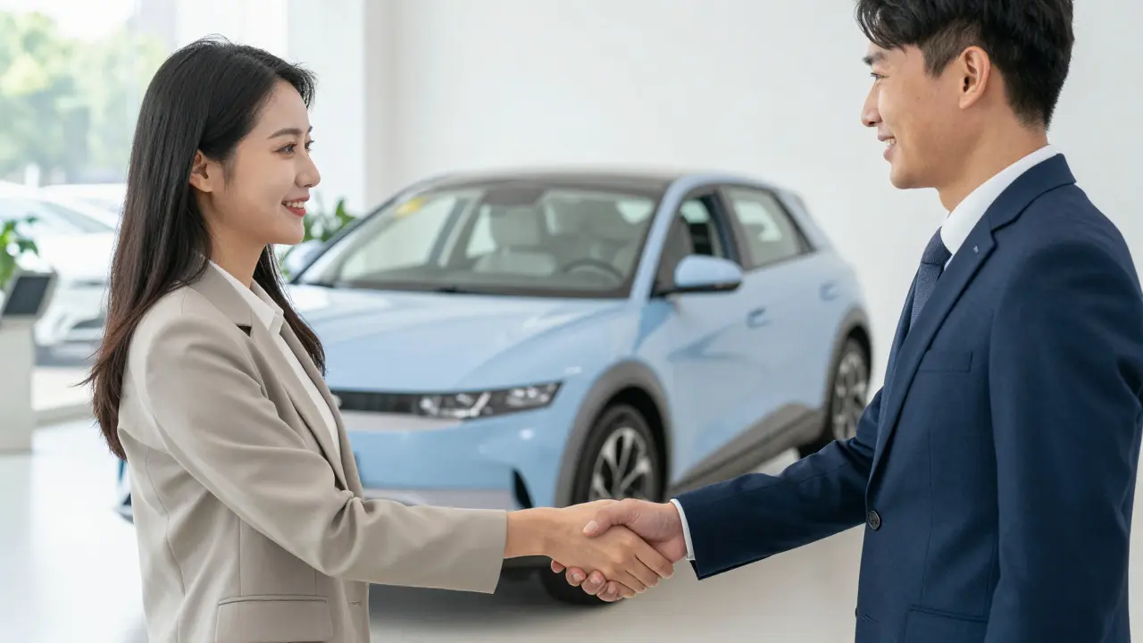 Kupující a prodejce si podávají ruce u nového vozu Hyundai IONIQ 5.