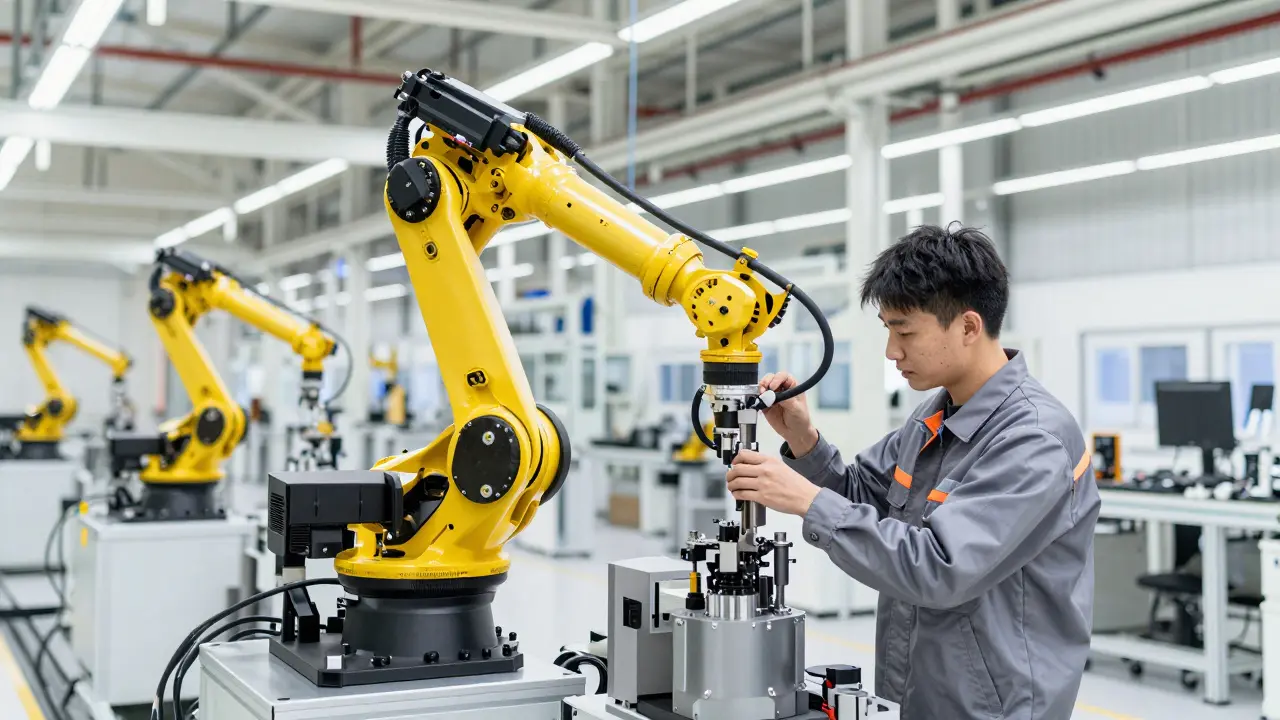 Kvalifikovaný technik opravující průmyslového robota na moderní výrobní lince automobilky.