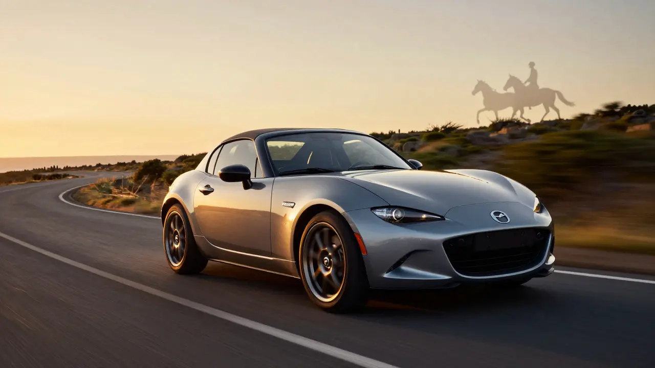 Mazda MX-5 na klikaté cestě při západu slunce s motivem spojení jezdce a koně.