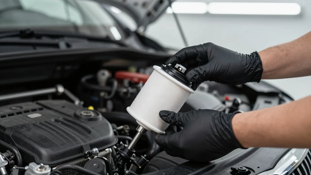 Mechanik instaluje nový palivový filtr do motorového prostoru vozu Škoda.