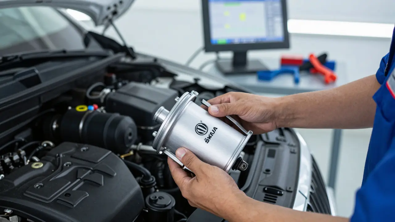 Mechanik instalující nový palivový filtr do vozu Škoda