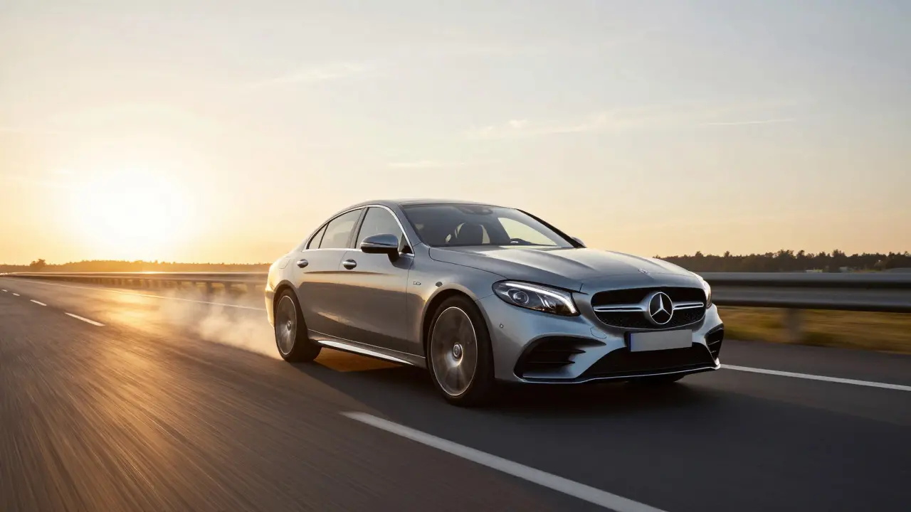 Mercedes-Benz jedoucí dálnicí při zapadení slunce během regenerace filtru.