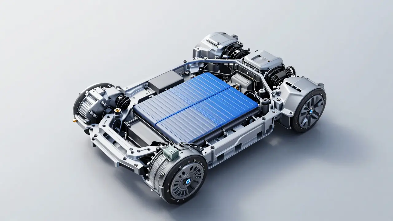  pohled shora na elektrický pohon a baterii moderního BMW řady i.