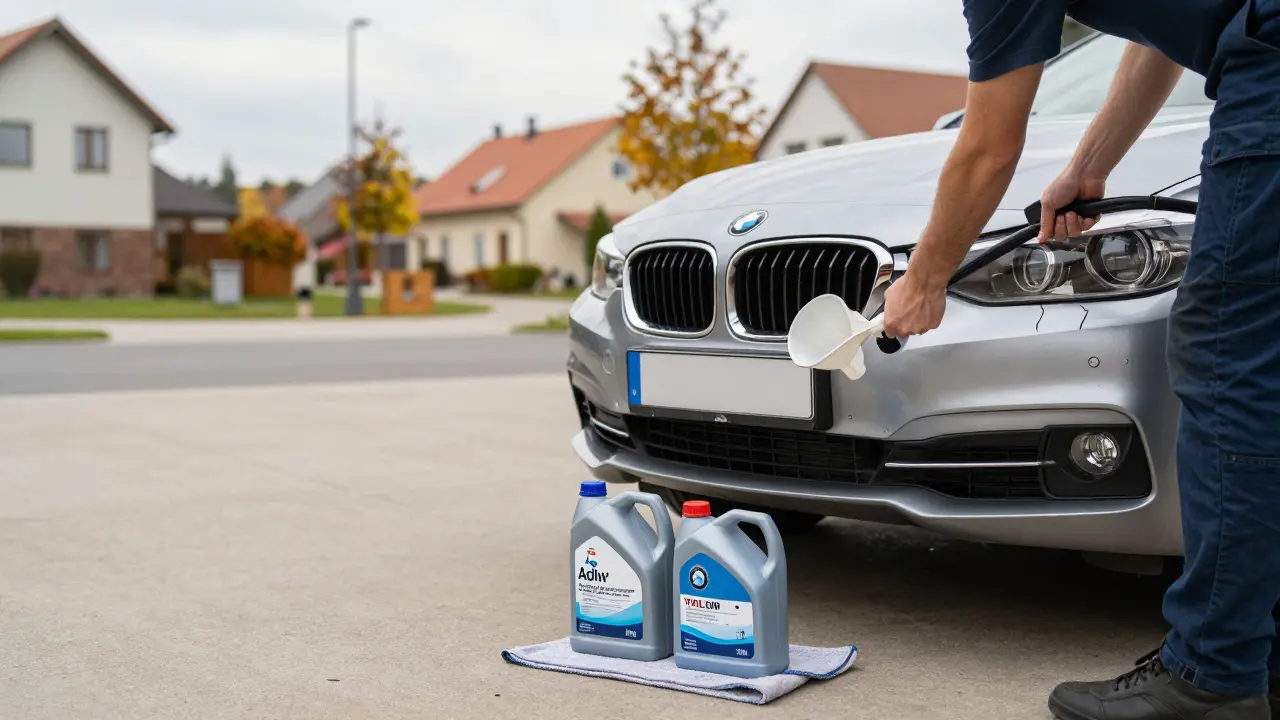Řidič doplňuje provozní kapaliny do BMW na rovné ploše před domem
