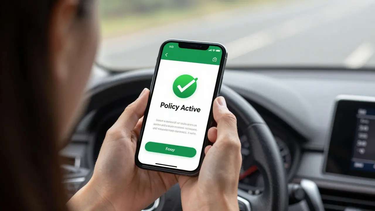 Ruka řidiče s mobilním telefonem ukazujícím potvrzení o aktivním pojištění auta.