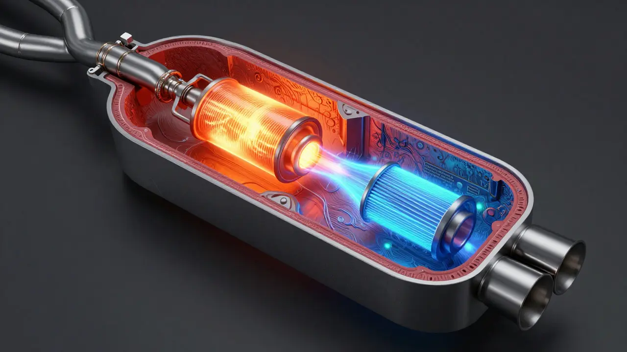 Schéma fungování katalyzátoru a DPF filtru u moderního vozu Mercedes.