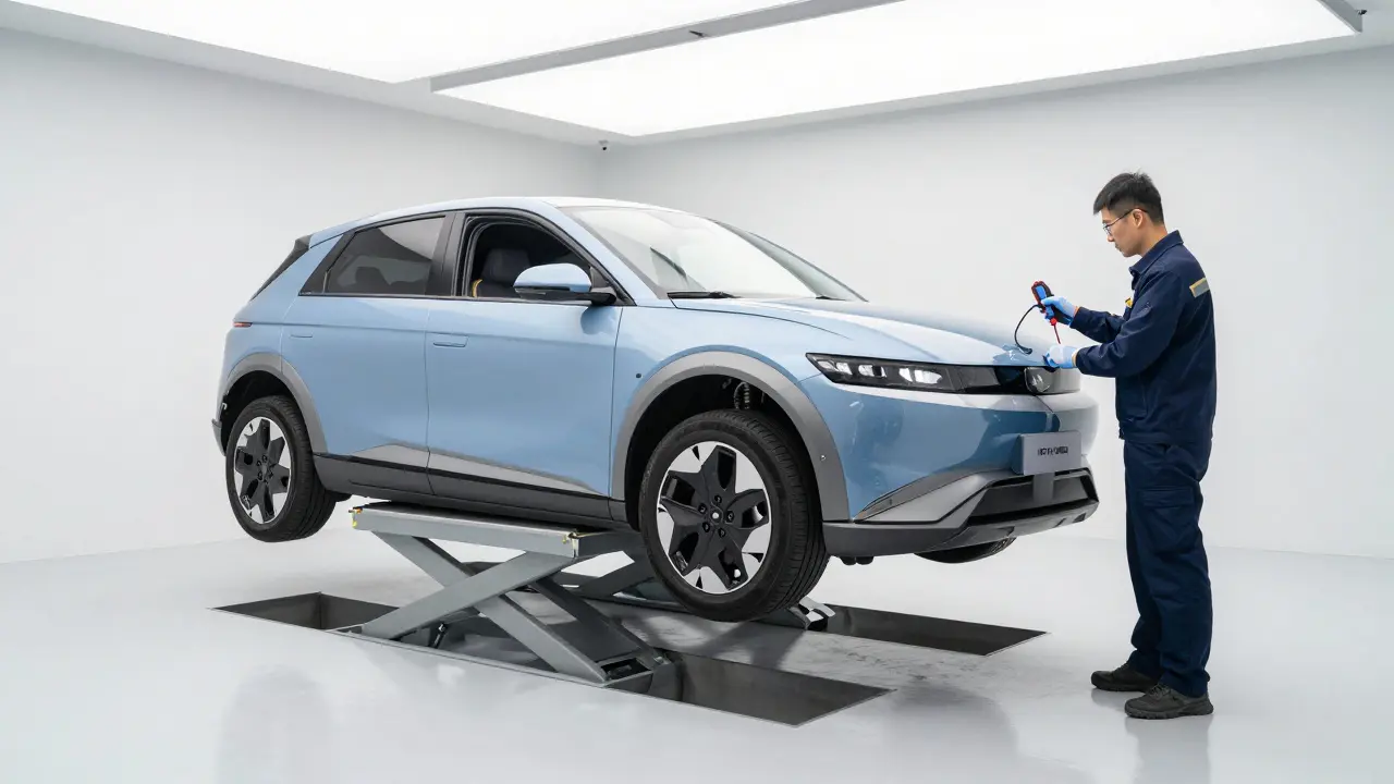 Specialista v certifikovaném servisu pracuje na elektromobilu Hyundai IONIQ 5.