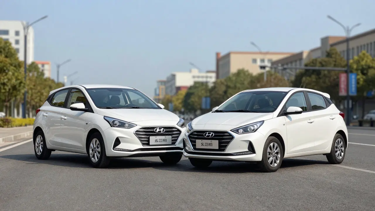 Srovnání velikosti modelů Hyundai i10 a i20 na městské ulici.