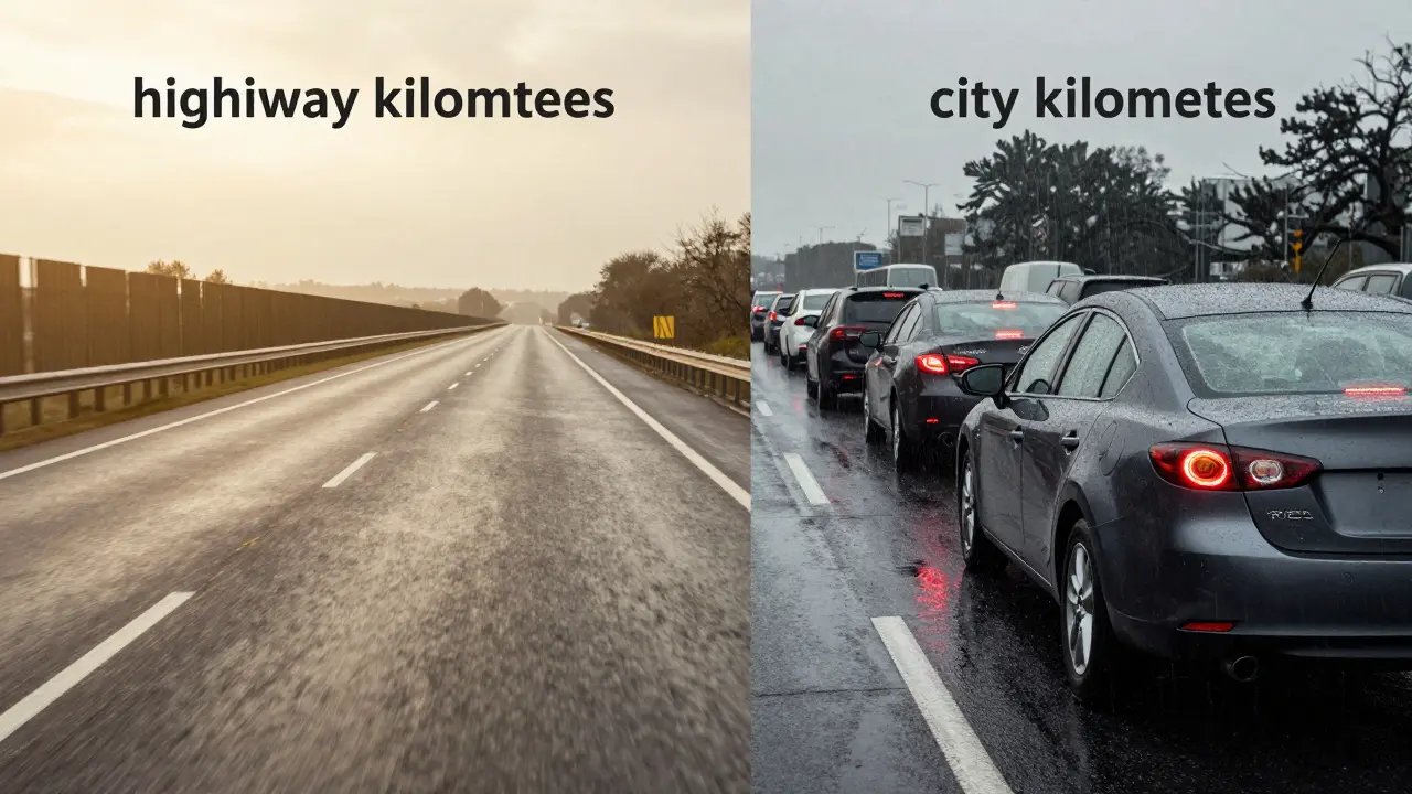 Srovnání vozu Mazda jedoucího po dálnici a stejného vozu v městské zácpě.