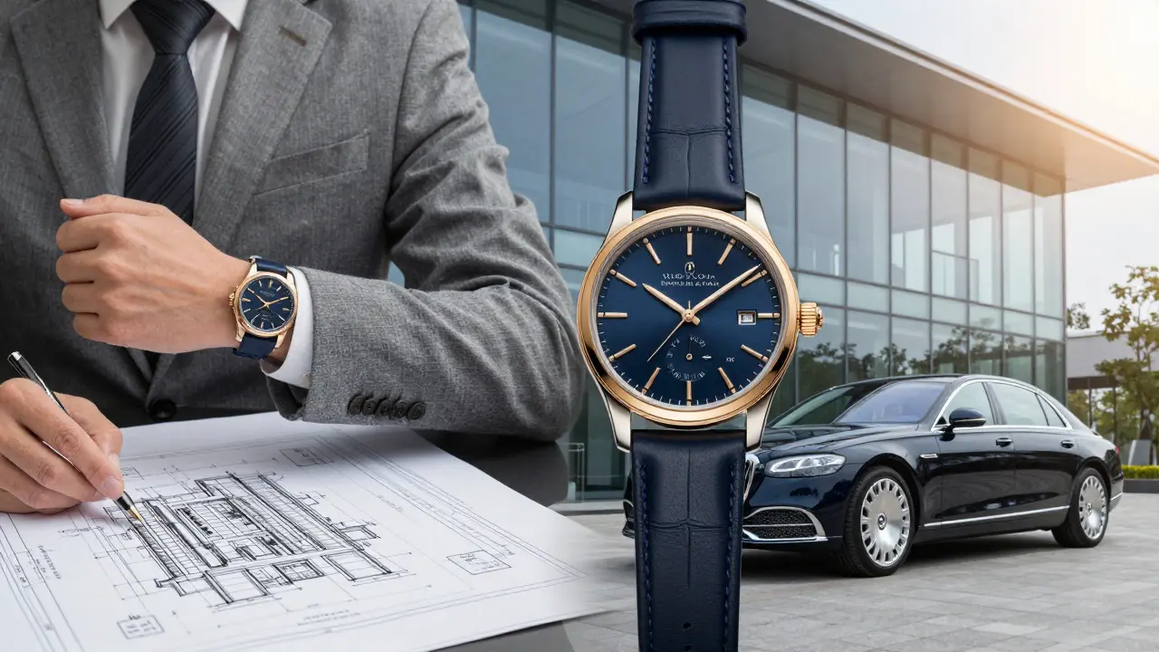 Symbolika kariérního růstu a managementu v automotive s luxusním autem a moderní architekturou.