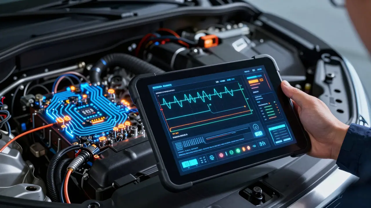 Technik používá diagnostický tablet k analýze elektroniky vozu.