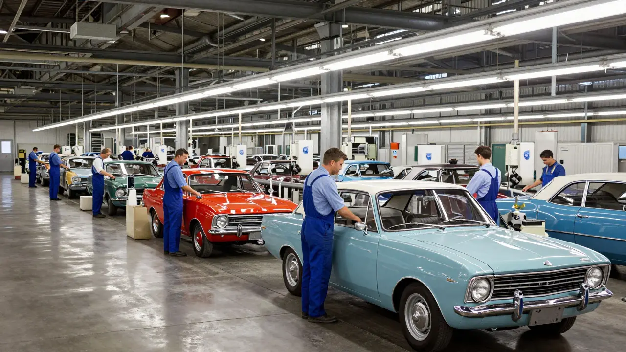 Výrobní linka aut Opel v době spolupráce s americkým General Motors.